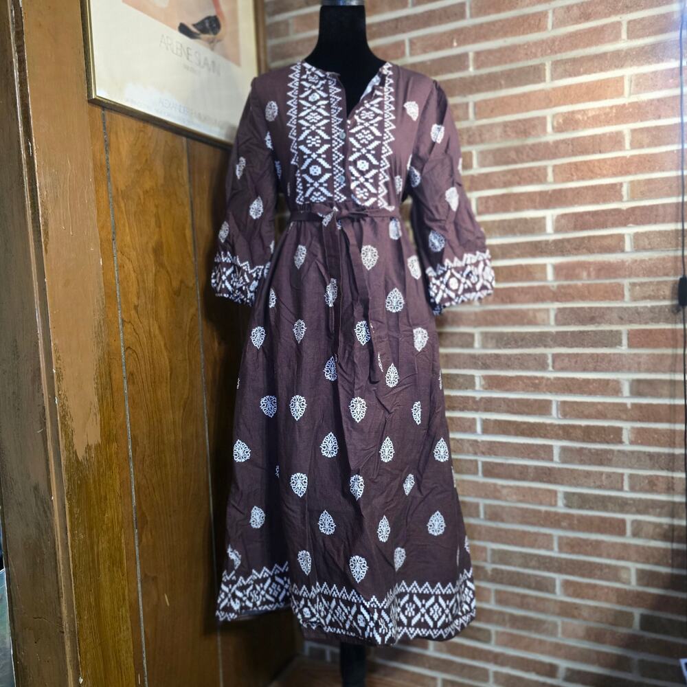 NWT Spighe Di Lino Italy Brown Embroidered Linen Blend Midi Dress Boho Belted M
